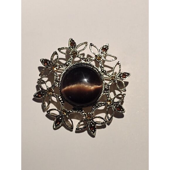 Jewelry - Vintage Tiger's Eye Floral Brooch Silver Tone Openwork Statement Pin